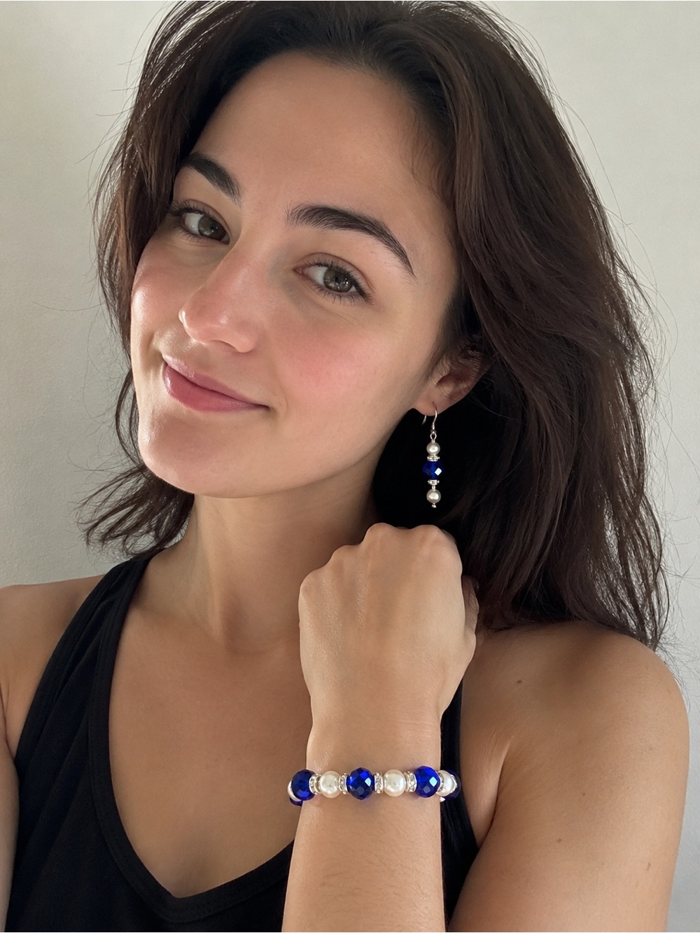 Artisan Bracelet Earrings Set Elegant Royal Blue Crystal & Faux Pearl NEW!